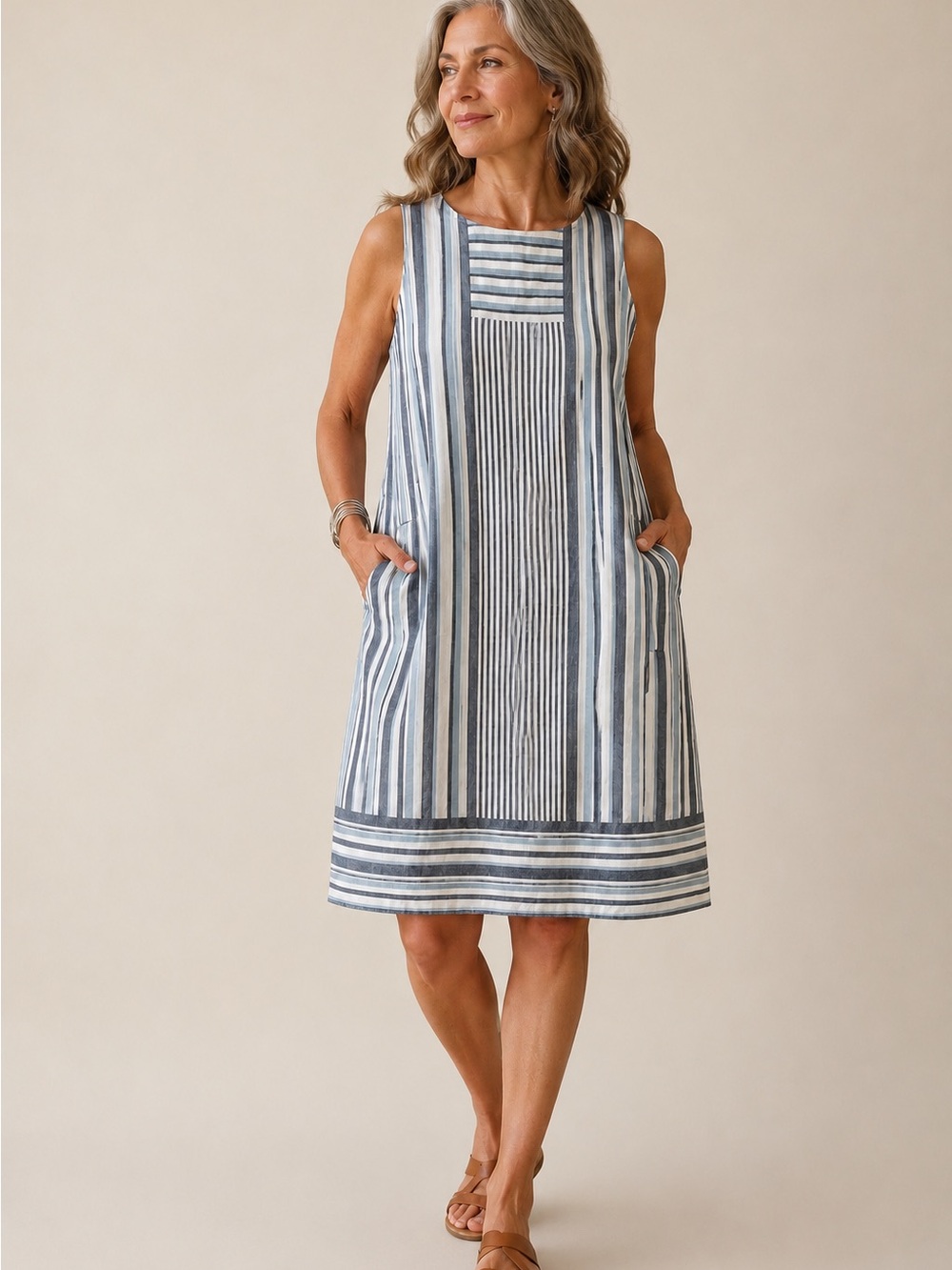 J. Jill | Love Linen Striped Sleeveless Shift Dress Pockets Coastal Midi